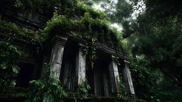 Ancient temple ruins reclaimed by the jungle create a mystical and captivating scene photo
