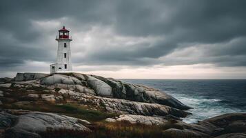 Dramatic coastal scenery featuring a white lighthouse under a cloudy sky near the ocean photo