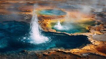 Geothermal marvels showcase colorful pools and erupting geysers in a volcanic landscape photo