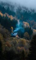 Cozy cabin retreat nestled in a misty forest with autumn foliage and ethereal atmosphere photo