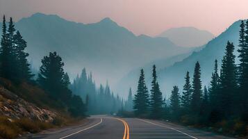 Winding road through a misty mountain landscape with tall evergreen trees on either side photo