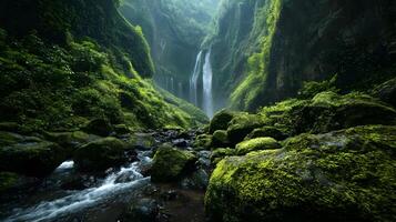 Majestic waterfall cascading through lush green jungle creating a tropical paradise scene photo