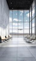 Waiting area with rows of seats and a view of planes taking off through expansive windows photo