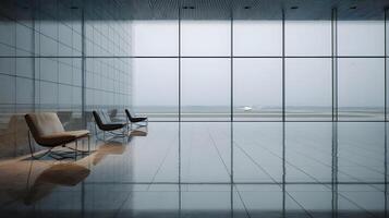 Modern airport lounge featuring comfortable chairs and large windows with airplane view photo