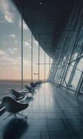 Aesthetic waiting area with a captivating airplane view through expansive glass windows photo