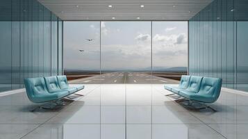 Modern airport lounge with runway view, seating area, and planes taking off in the distance photo