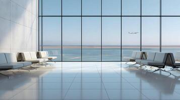 Bright airport waiting area with a plane taking off in the background on a clear sunny day photo