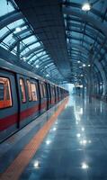 Futuristic subway station with modern architecture and train waiting for passengers photo