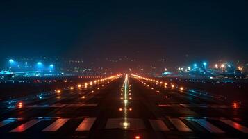 Nighttime runway view illuminated with bright lights and city skyline in the distance photo