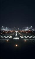 Illuminated runway at night leading to the distant city lights creating a sense of adventure photo