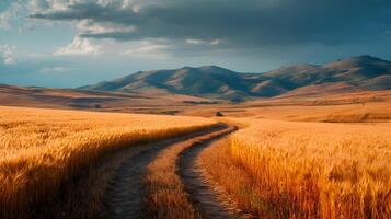Golden wheat field meets distant mountains under a vast sky on a serene afternoon photo