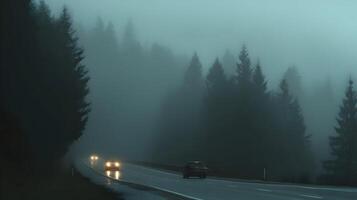 Cars pierce through the dense fog hugging the road amidst a forest landscape photo
