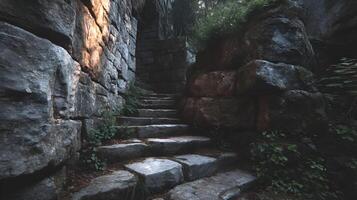 Stone stairway through a passage between rocky cliffs with vegetation on the side photo