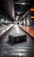 Suitcase sits alone on the baggage claim carousel after long flight at the airport photo
