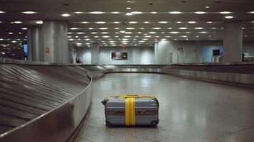 A lone suitcase awaits its owner on the baggage carousel at a quiet airport terminal photo