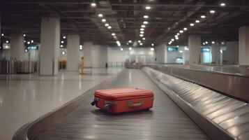 Lost red suitcase on luggage carousel at the airport awaiting its rightful owner to claim it photo