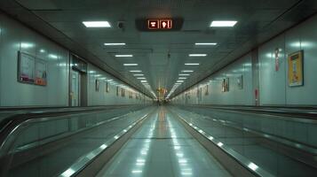 A modern airport terminal pathway featuring moving walkways and bright overhead lighting guides travelers photo