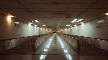 An endless journey inside the airport terminal with the moving walkway stretching forward photo