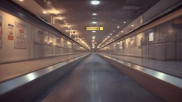 Captivating view of a moving walkway inside a modern airport terminal area at nighttime photo