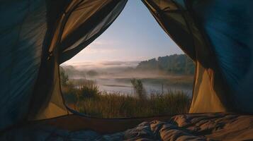 Morning view from a tent featuring a misty landscape with a river and lush greenery in a serene setting photo