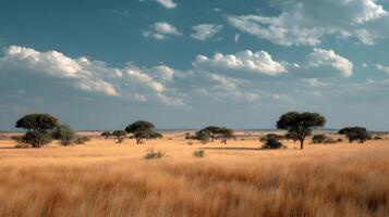 Vast golden grassland with scattered trees beneath a bright blue sky and fluffy clouds photo
