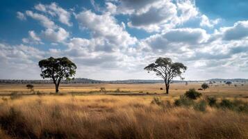 Dramatic Serengeti landscape with trees set against a dynamic cloudy sky photo