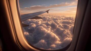 Breathtaking view from airplane window capturing the sky's clouds and the airplane wing during flight photo