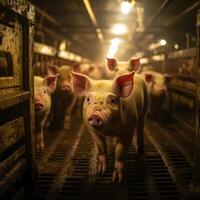 Piglets walking in pig farm. Intensive pig farming photo