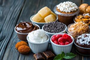 Delicious dessert ingredients in small white bowls on rustic table photo