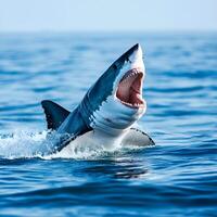 Great white shark breaching ocean surface with open jaws photo