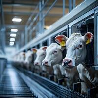 Cows standing in a row in automated milking parlor on dairy farm photo