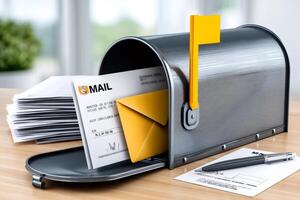 Mailbox overflowing with letters and envelopes on wooden table photo