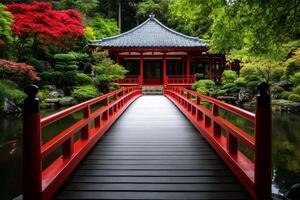 Red bridge leading to pagoda in japanese garden photo