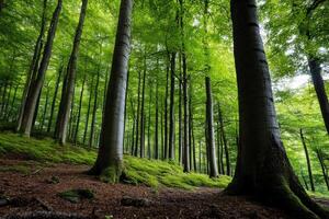 Lush green forest floor covered in moss with sunlight filtering through trees photo