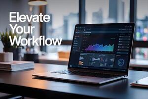Modern laptop showing statistics and charts, elevating workflow in office setting photo