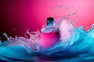 Pink liquid in glass bottle splashing with blue water on gradient background photo