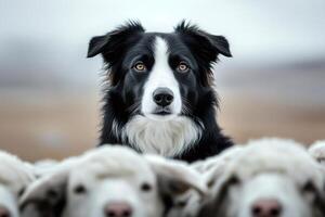 Border collie guarding flock of sheep in open field photo