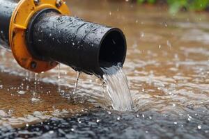 Water pouring from drainage pipe during rainstorm, creating puddles and runoff photo