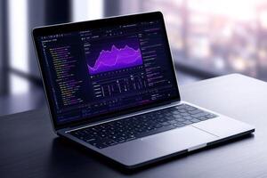 Modern laptop showing statistical charts and code on screen in office setting photo