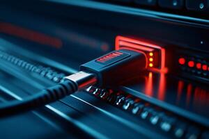 Usb cable connecting to futuristic device with red lights illuminating connection photo