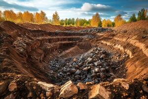 Excavated quarry showing layers of soil and rocks with forest in background photo
