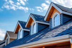 Dormer windows adding character and light to modern home with asphalt shingles roof photo