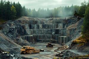 Mining machinery extracting granite in open pit mine on cloudy day photo