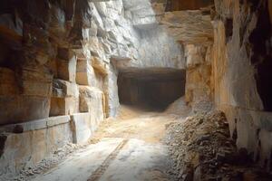 Excavator tracks leading into dark mining tunnel in marble quarry photo