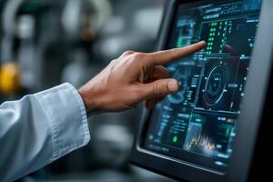 Close up of a hand interacting with a futuristic computer interface displaying complex data visualizations photo
