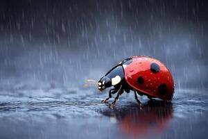 Ladybug walking on wet surface during rainfall photo