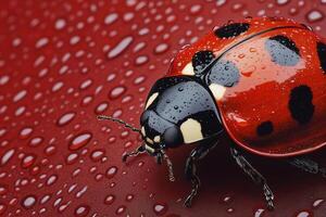 Ladybug walking on wet red surface with water droplets photo