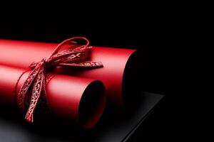 Two red diploma scrolls tied with a ribbon resting on black surface photo