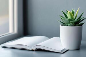 Open notebook with blank pages and a succulent plant by the window photo