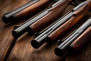 Hunting rifles resting on wooden table displaying craftsmanship photo